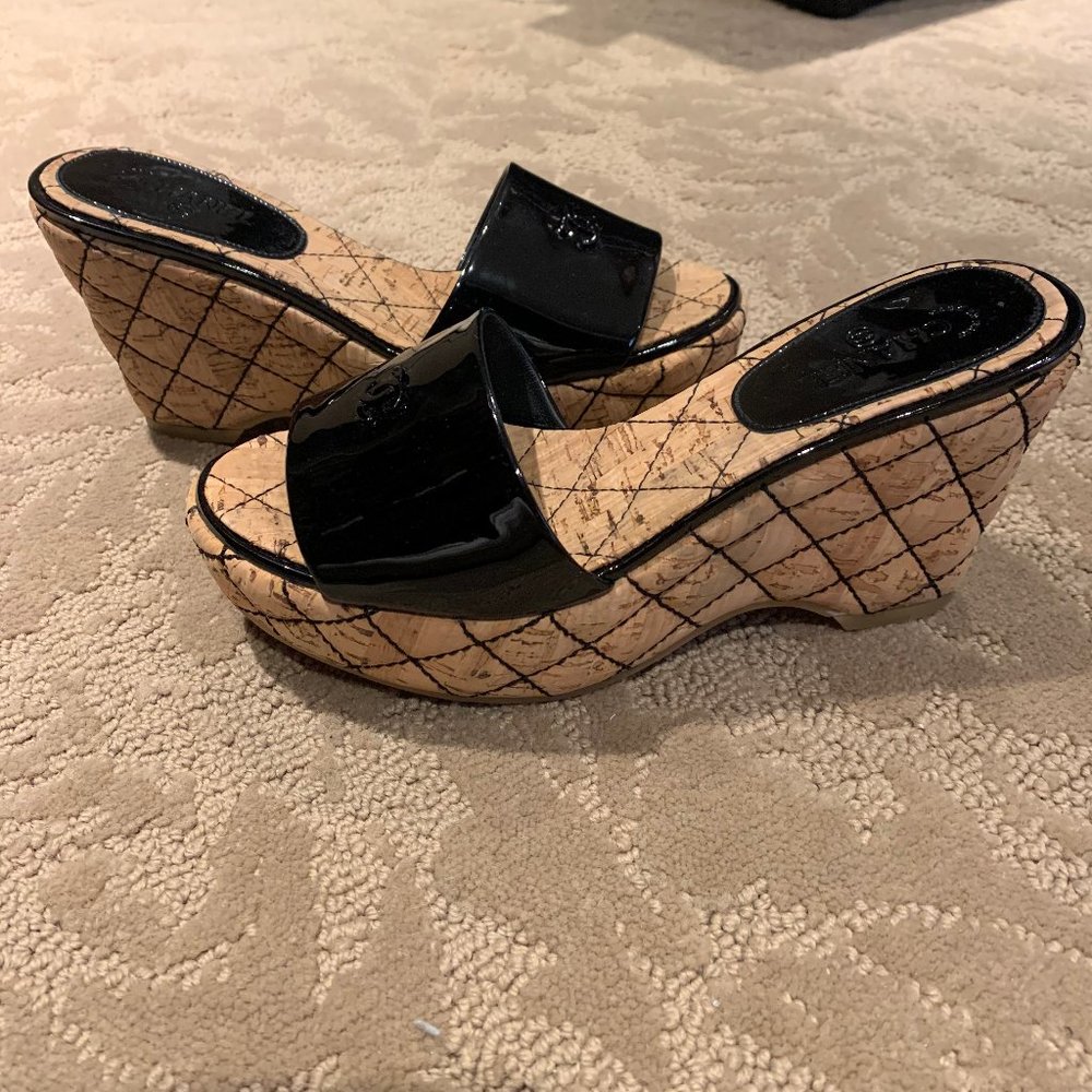 Chanel CC Patent Leather Slide Wedges